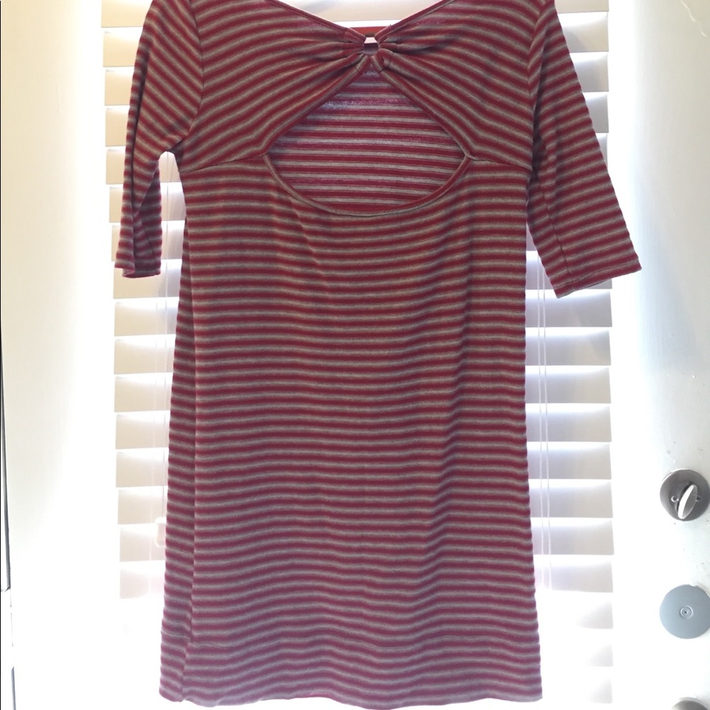 Red and gray striped dress.
